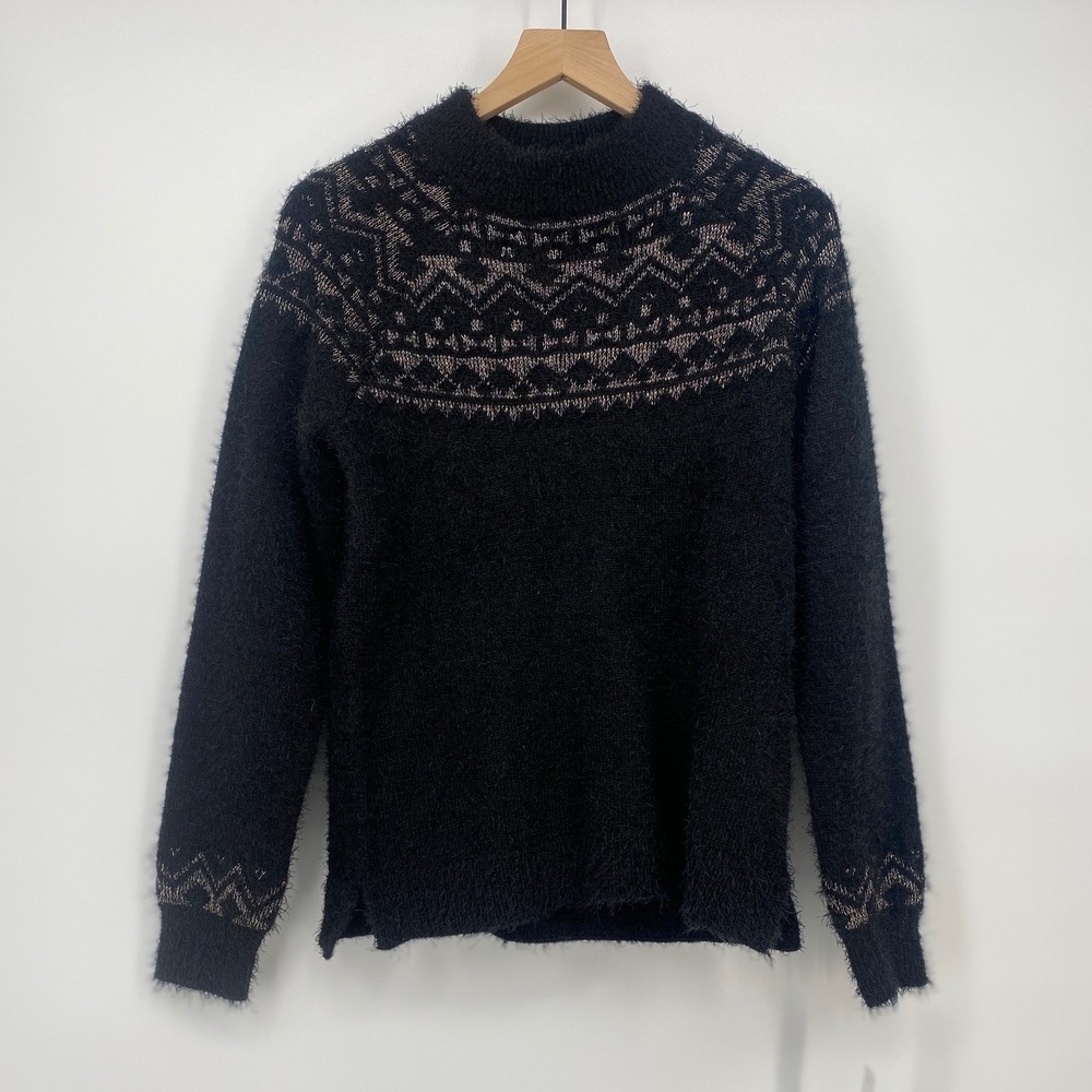 Massini Eyelash Sweater S Black Rose Gold Fair Isle Metallic Mock Neck NWT